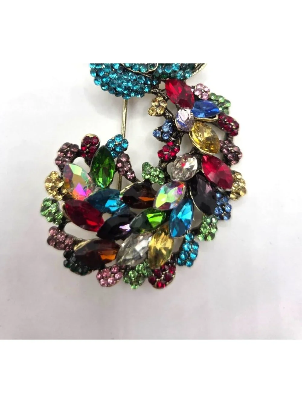 Multicolor Rhinestone Peacock Brooch  With Gold-Tone Metal Design